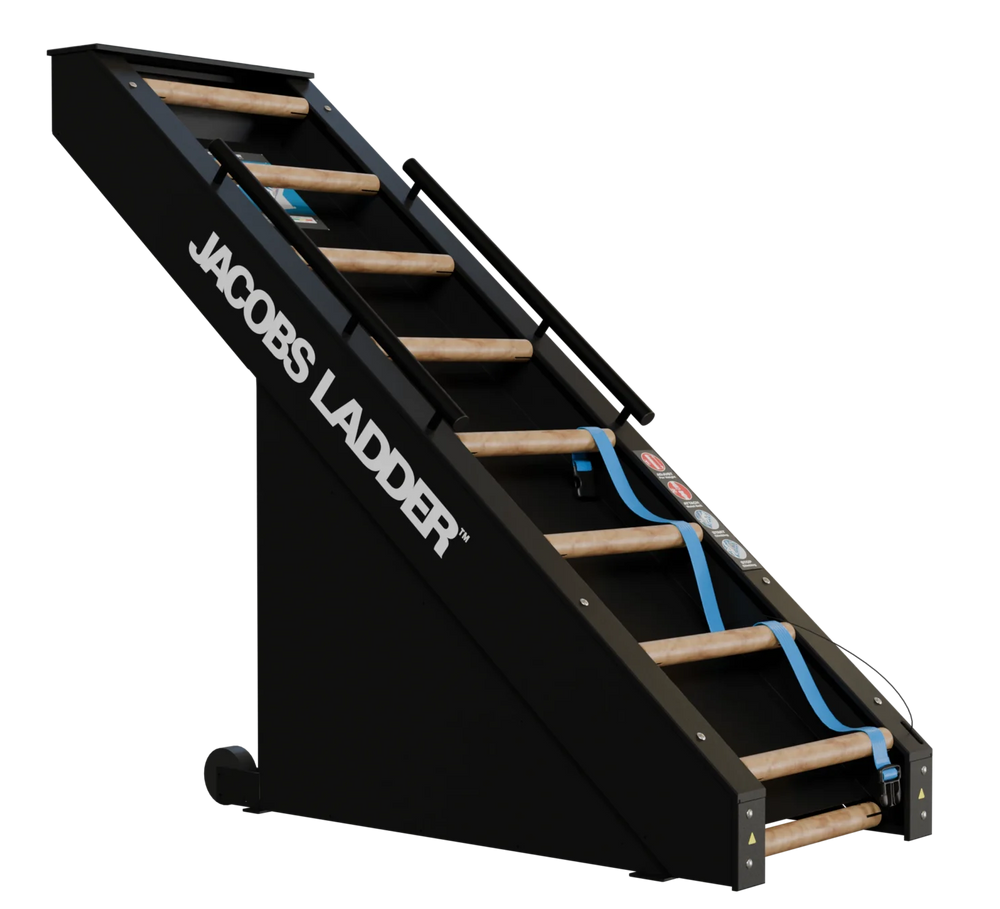 Black Jacobs ladder with wooden steps on a white background