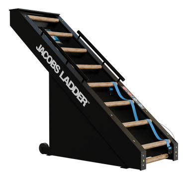 Black Jacobs ladder with wooden steps on a white background