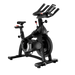 A black indoor cycling machine with a digital display screen on the handlebars, shown against a solid white background.