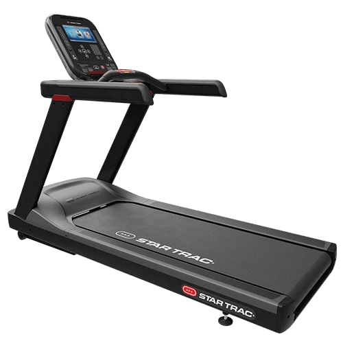 A black Star Trac 4TR treadmill with an integrated digital display screen on the console, shown from a three-quarters angle against a solid white background.