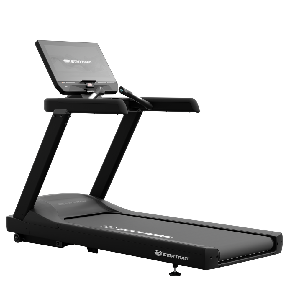 Black treadmill with StarTrac branding on a white background