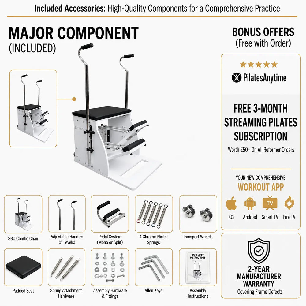 A promotional product graphic for a Pilates reformer machine with included accessories and bonus offers. The main subject is a white and black Pilates reformer shown prominently, with smaller inset images of included parts such as a padded seat, spring attachment hardware, Allen keys, and transport wheels.