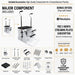 A promotional product graphic for a Pilates reformer machine with included accessories and bonus offers. The main subject is a white and black Pilates reformer shown prominently, with smaller inset images of included parts such as a padded seat, spring attachment hardware, Allen keys, and transport wheels.