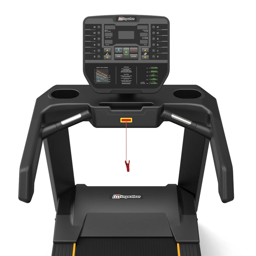 A top-down view of a bOrigin Fitness Impulse AC2990 Commercial LED Treadmill with a digital control console, featuring integrated handlebar cup holders and a red emergency release cord.