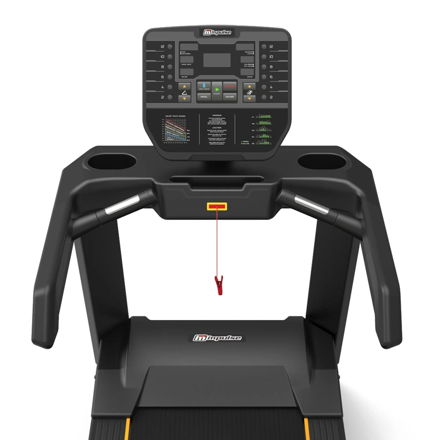 A top-down view of a bOrigin Fitness Impulse AC2990 Commercial LED Treadmill with a digital control console, featuring integrated handlebar cup holders and a red emergency release cord.