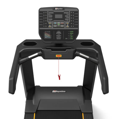 A top-down view of a bOrigin Fitness Impulse AC2990 Commercial LED Treadmill with a digital control console, featuring integrated handlebar cup holders and a red emergency release cord.