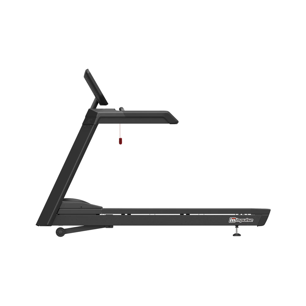 Origin Fitness Impulse AC2990 Commercial LED Treadmill hown from the side against a plain white background, with a small red and white Miloguide logo visible on the front frame.