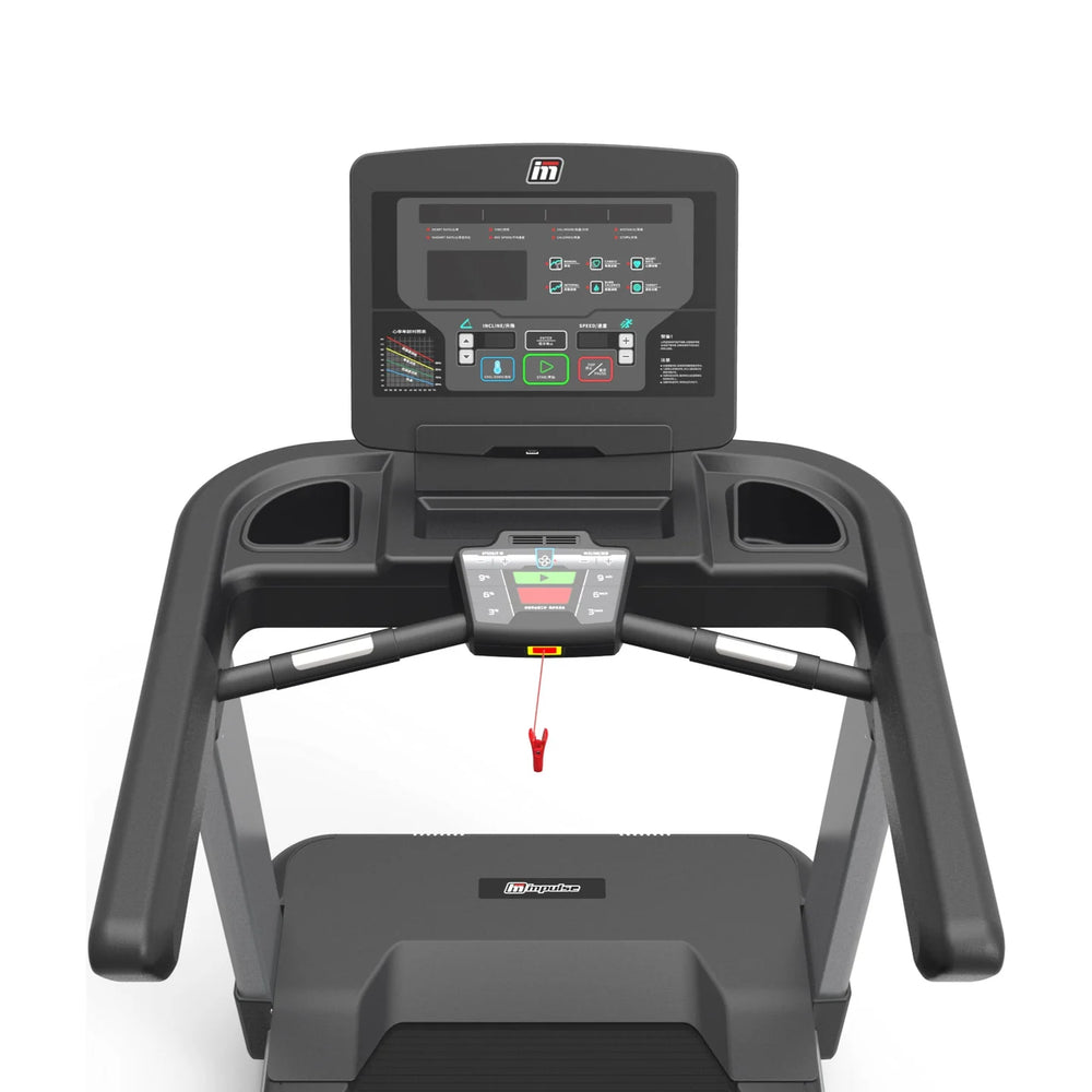 Origin Fitness Impulse AC4000 Commercial LED Treadmill shown from a front-facing angle against a solid white background, highlighting the console, handrails, and deck.