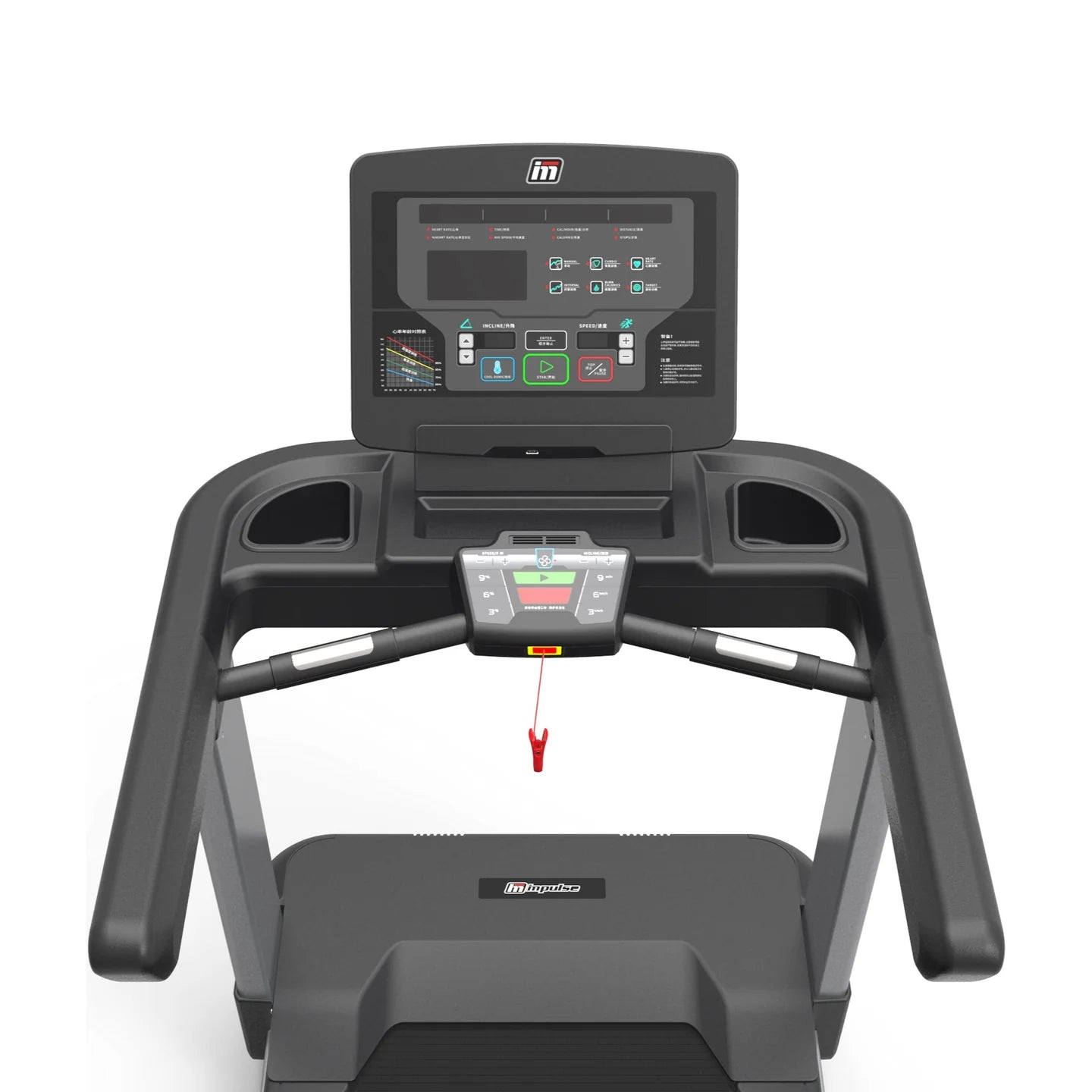 Origin Fitness Impulse AC4000 Commercial LED Treadmill shown from a front-facing angle against a solid white background, highlighting the console, handrails, and deck.