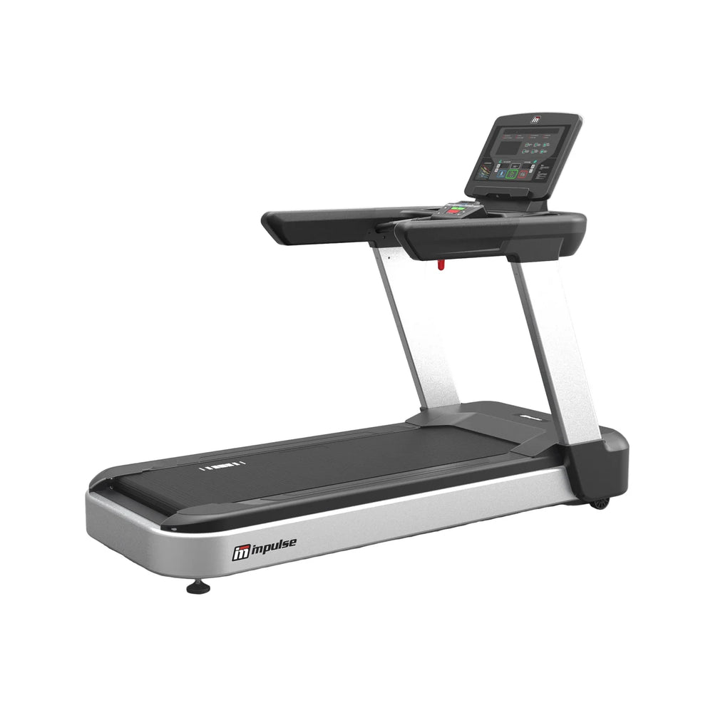Origin Fitness Impulse AC4000 Commercial LED Treadmill with a black running belt, black handrails, and a silver frame, featuring an integrated digital display screen on the console, shown against a plain white background.