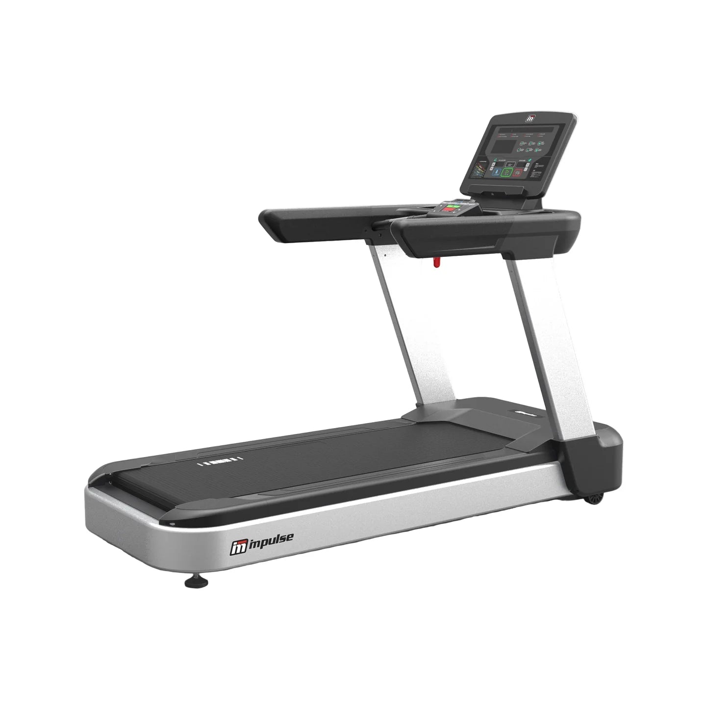 Origin Fitness Impulse AC4000 Commercial LED Treadmill with a black running belt, black handrails, and a silver frame, featuring an integrated digital display screen on the console, shown against a plain white background.