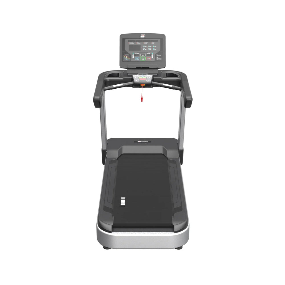 A front-facing view of a Origin Fitness Impulse AC4000 Commercial LED Treadmill  with a digital display console, black running belt, and gray frame on a solid white background.