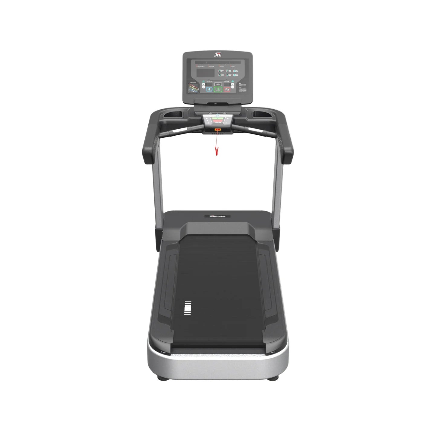A front-facing view of a Origin Fitness Impulse AC4000 Commercial LED Treadmill  with a digital display console, black running belt, and gray frame on a solid white background.