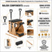 An infographic-style product listing image for a wooden Pilates reformer machine with callout labels pointing to included accessories and features, including a padded seat, D-handle support bars, leg/calf support, spring resistance system, foot roller, wooden bar, and bonus subscription offer text.