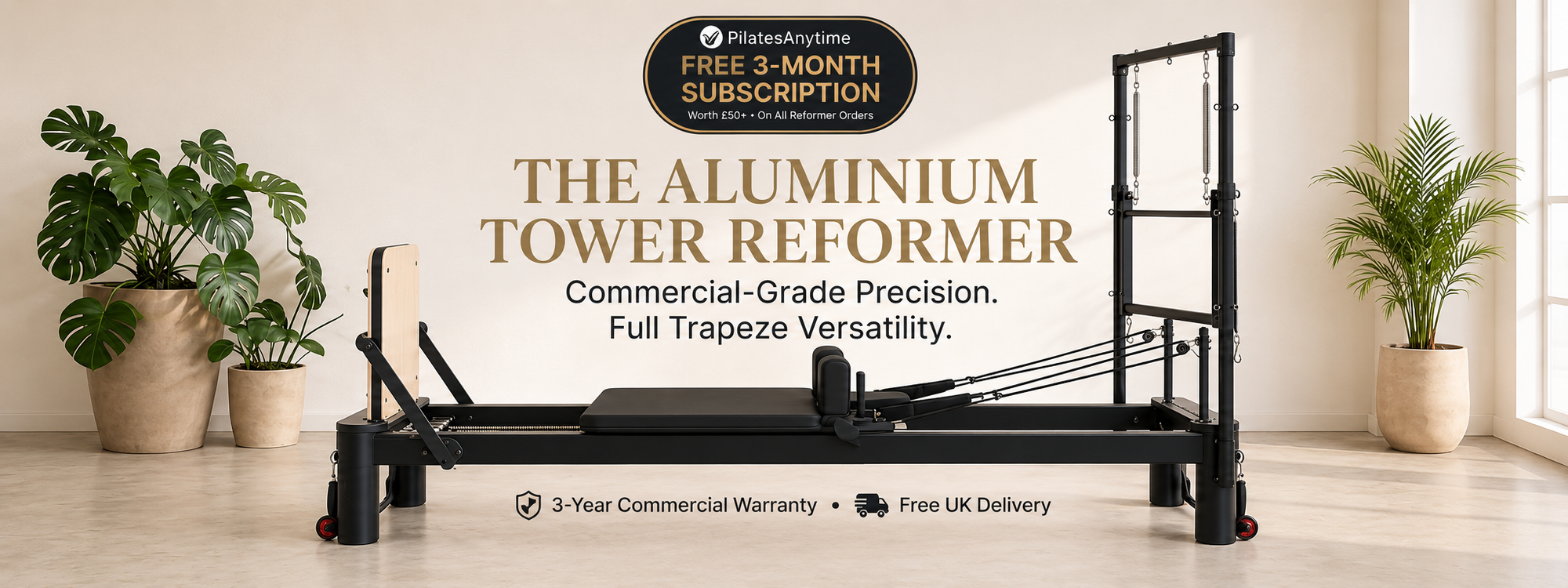 Aluminium tower reformer machine in black and silver, set in a bright, modern studio with potted plants on either side. Promotional text overlays advertise a free 3-month subscription and commercial-grade precision.