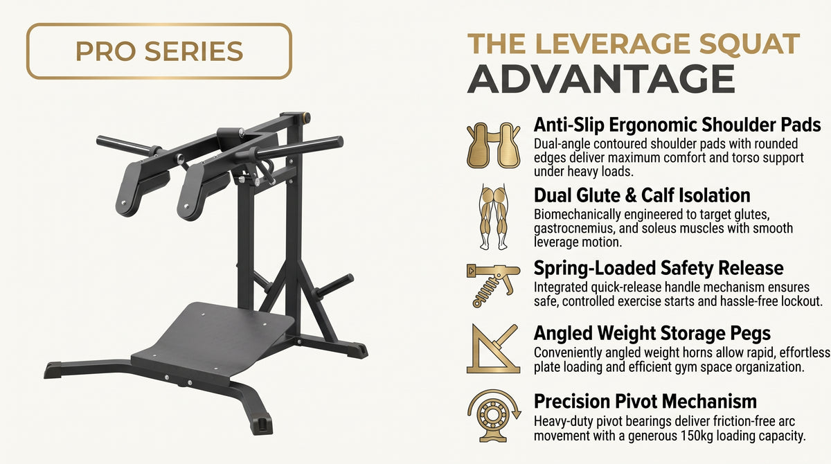 Gym Gear Pro Series Plate Loaded, Leverage Squat/Calf Raise infographic