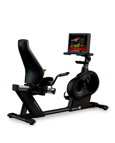 Gym Gear Endurance Touch Commercial Recumbent Bike with a screen on a white background
