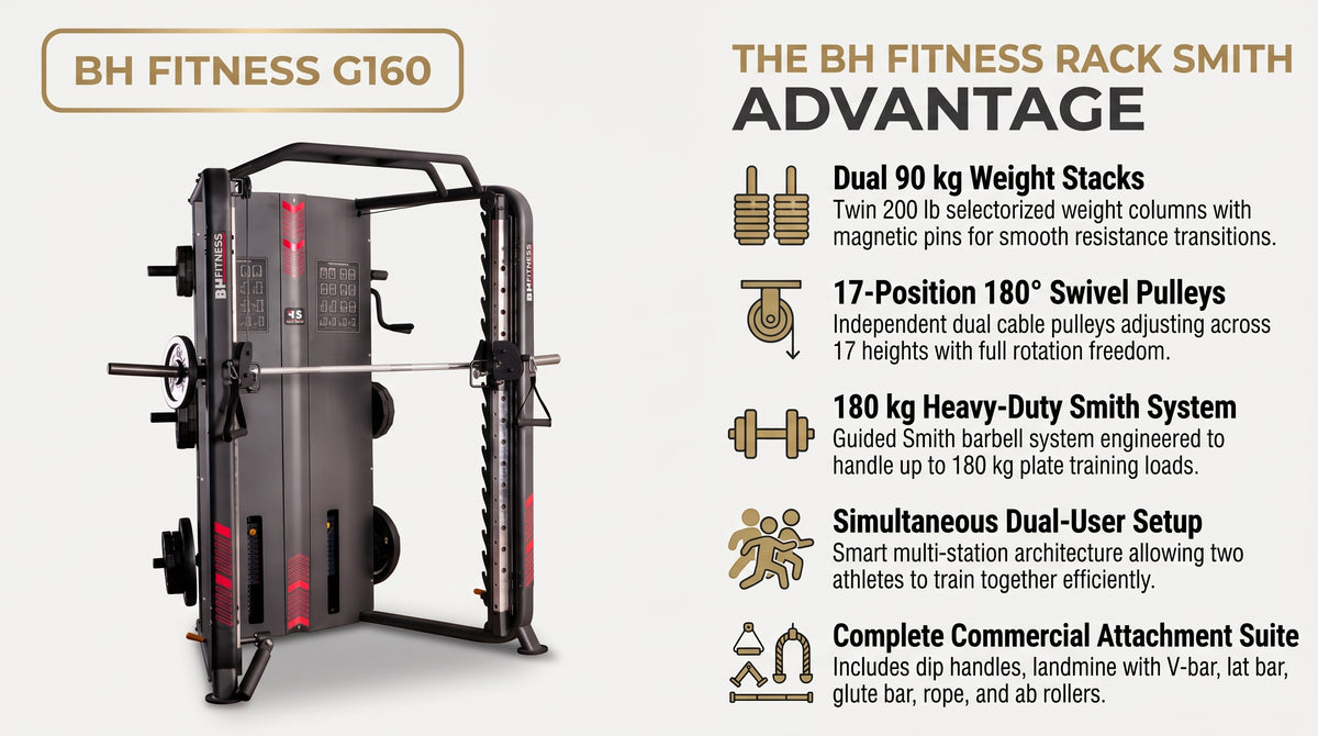 BH Fitness Rack Smith G160 Commercial Multi-Station Gym infographic