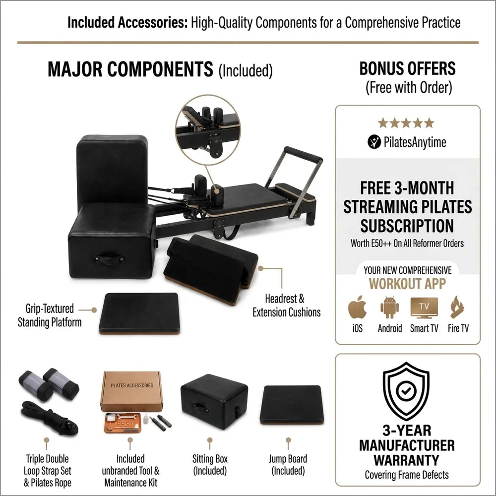 An infographic detailing the Pilates reformer exercise machine and its included accessories, featuring a black reformer with a textured grip pad, a black exercise pad, a wooden box, a triple double loop strap set, and a jumping board, alongside promotional text for a 3-month streaming subscription and a 3-year warranty.