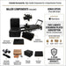 An infographic detailing the Pilates reformer exercise machine and its included accessories, featuring a black reformer with a textured grip pad, a black exercise pad, a wooden box, a triple double loop strap set, and a jumping board, alongside promotional text for a 3-month streaming subscription and a 3-year warranty.
