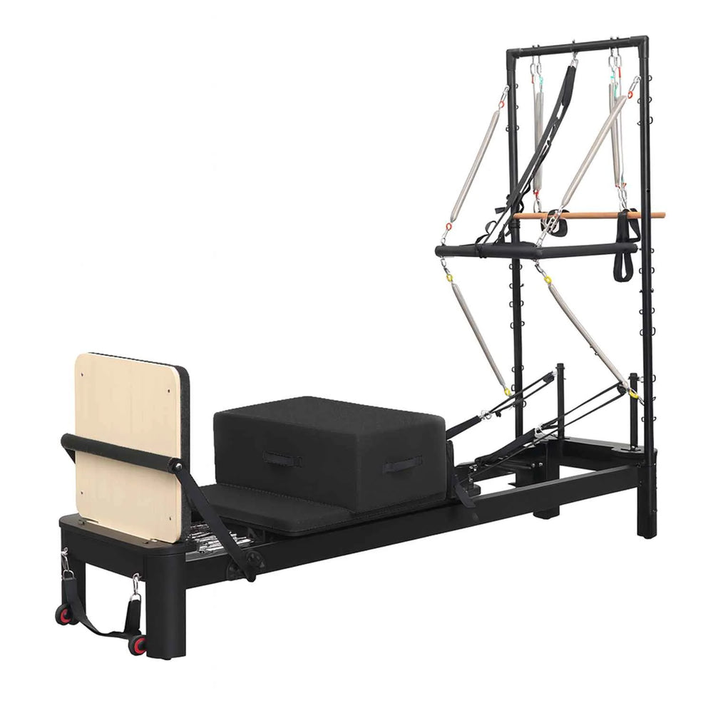 Gym Gear Aluminium Reformer with Tower System / Half Trapeze machine on a white background