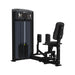 A black cable pulley leg extension exercise machine with a padded seat and backrest, shown on a solid white background.