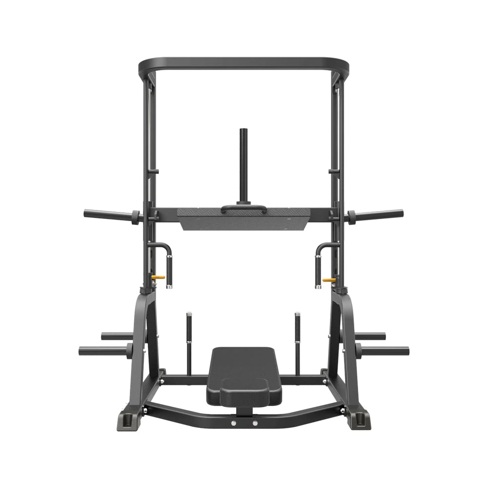 A black multi-functional home gym power rack with a bench, pull-up bar, and weight plates, shown from a front-facing perspective on a solid white background.
