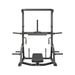 A black multi-functional home gym power rack with a bench, pull-up bar, and weight plates, shown from a front-facing perspective on a solid white background.
