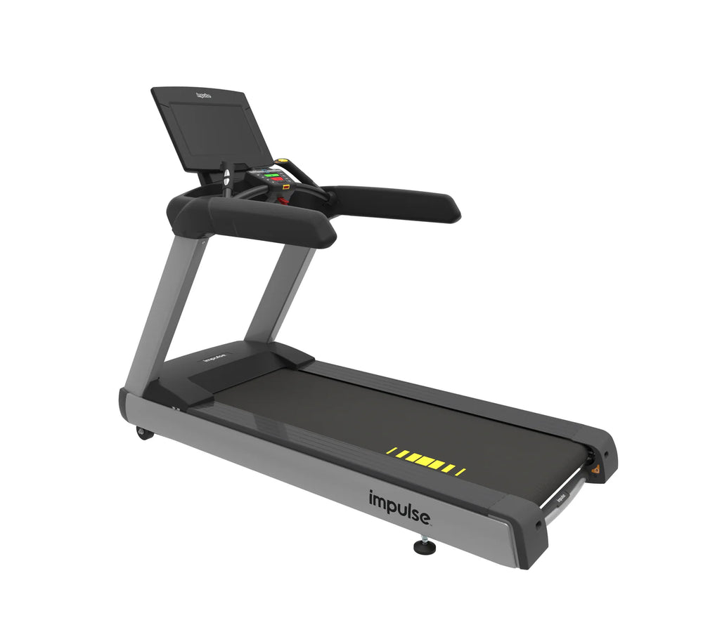 Origin Fitness Impulse RT950 Premium Touch Screen Commercial Treadmill with a dark gray frame, black running belt, and integrated digital display screen, shown from a three-quarters angle on a solid white background.