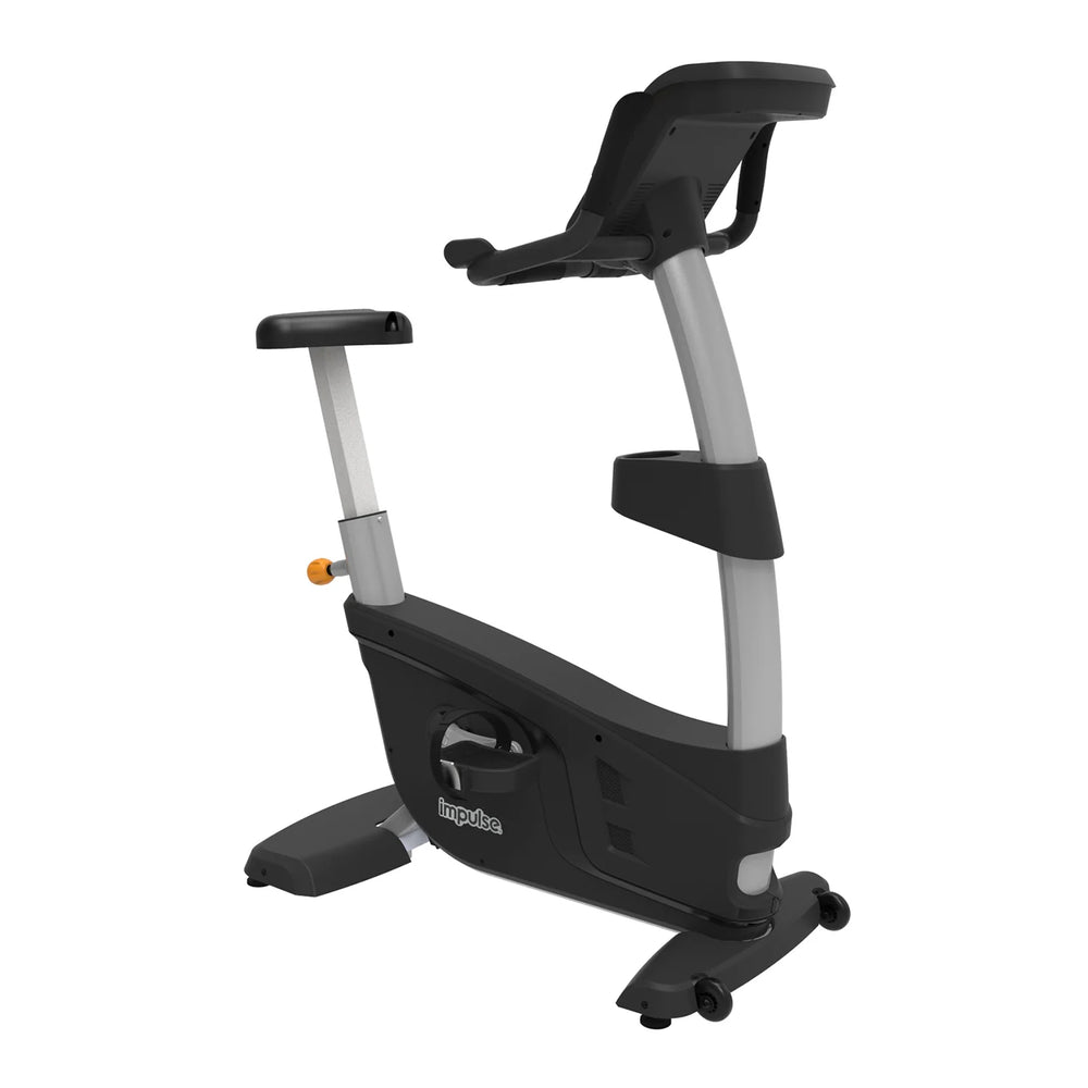 Origin Fitness Impulse RU700 Commercial Upright Bike with a black frame, gray uprights, and black padded seat, handlebars, and footrests, shown on a plain white background.