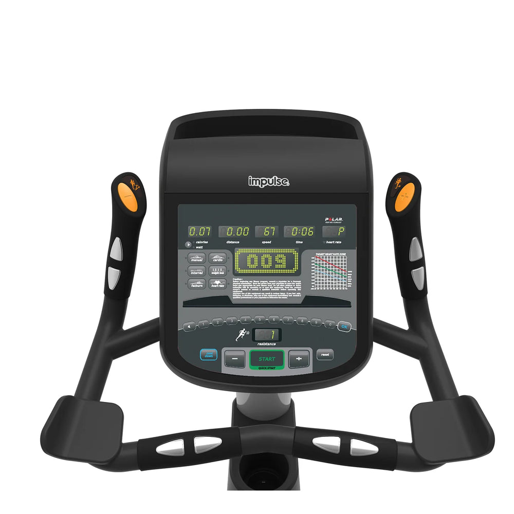 Ergometer with digital display on a white background Origin Fitness Impulse RU700 Commercial Upright Bike