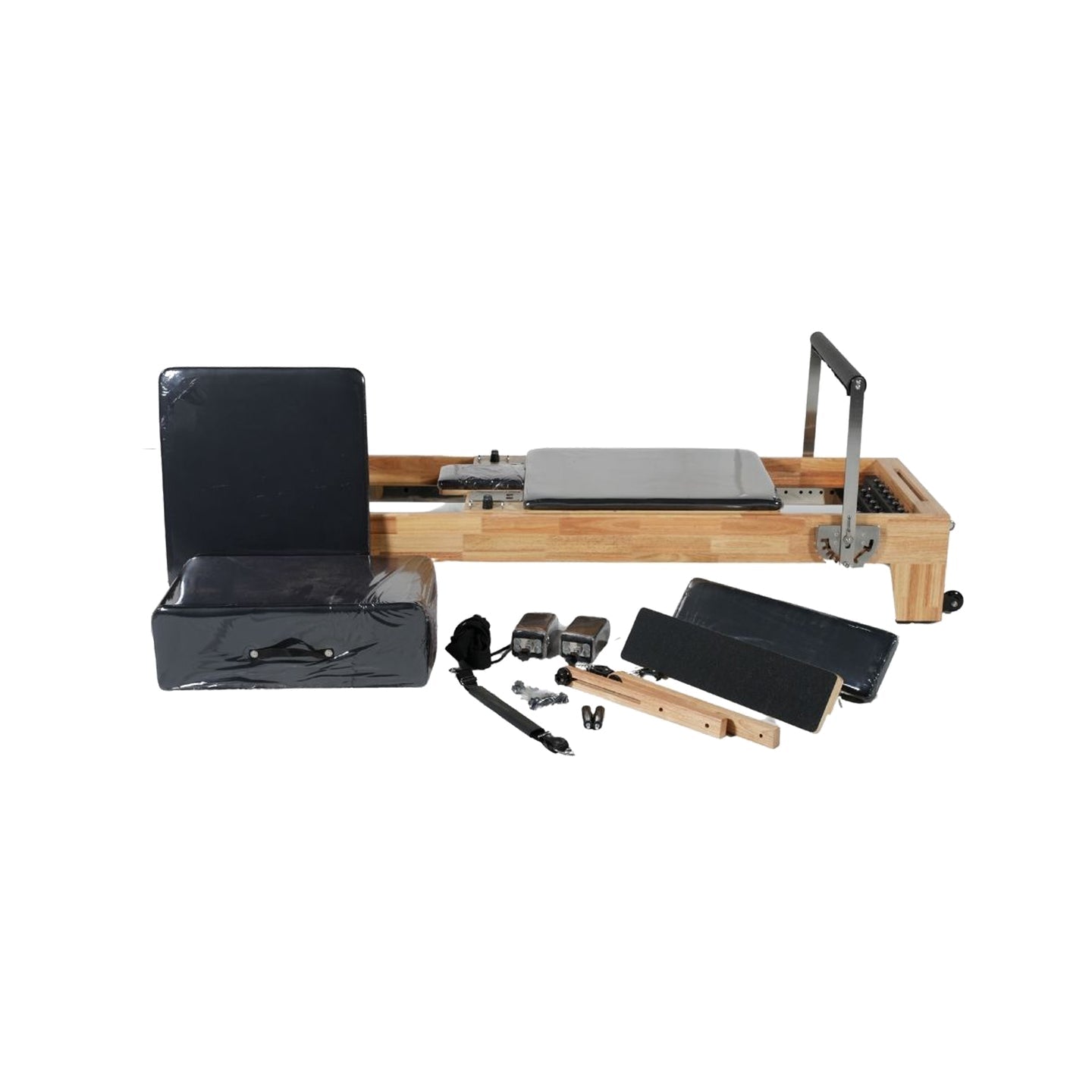 Origin Maple Wooden Studio Pilates Reformer Machine with accessories on a white background