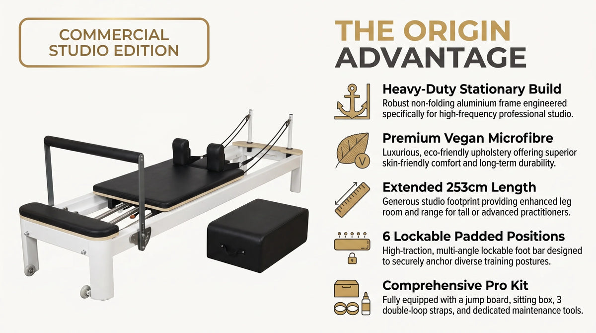Origin Commercial Aluminium Studio Pilates Reformer Machine infographic
