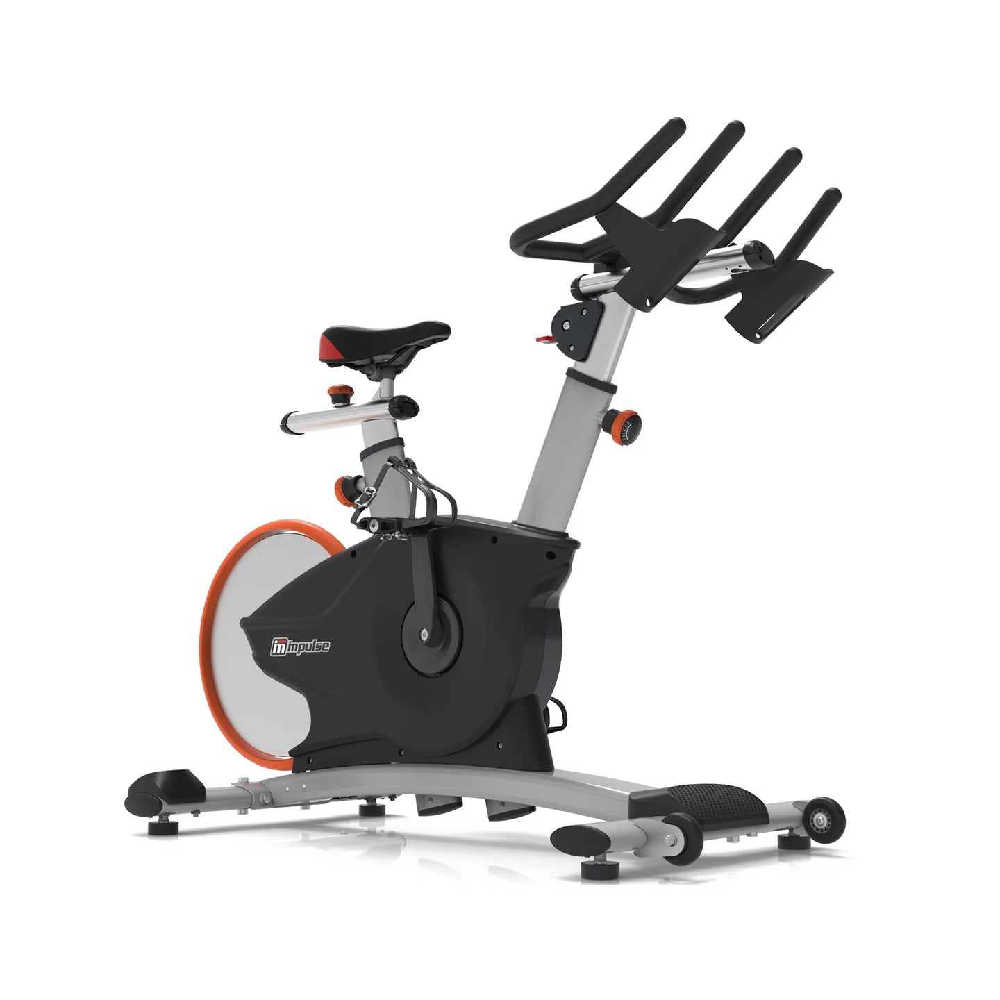 Origin Fitness Impulse PS450 Commercial Indoor Cycle  with a black and silver frame, a black seat, a large black flywheel, and an orange accent ring, shown on a plain white background.
