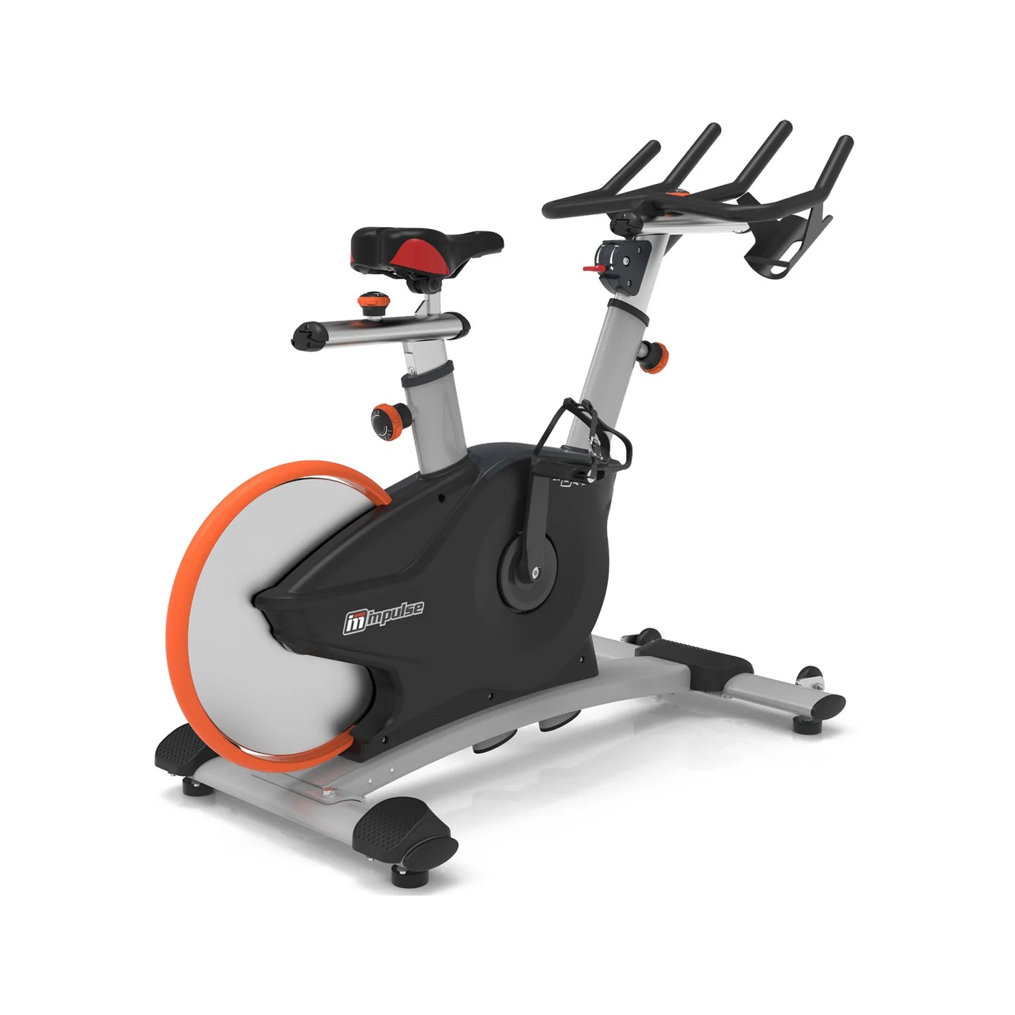 Origin Fitness Impulse PS450 Commercial Indoor Cycle with a black and silver frame, a large gray and orange flywheel, and black handlebars, shown on a white background.