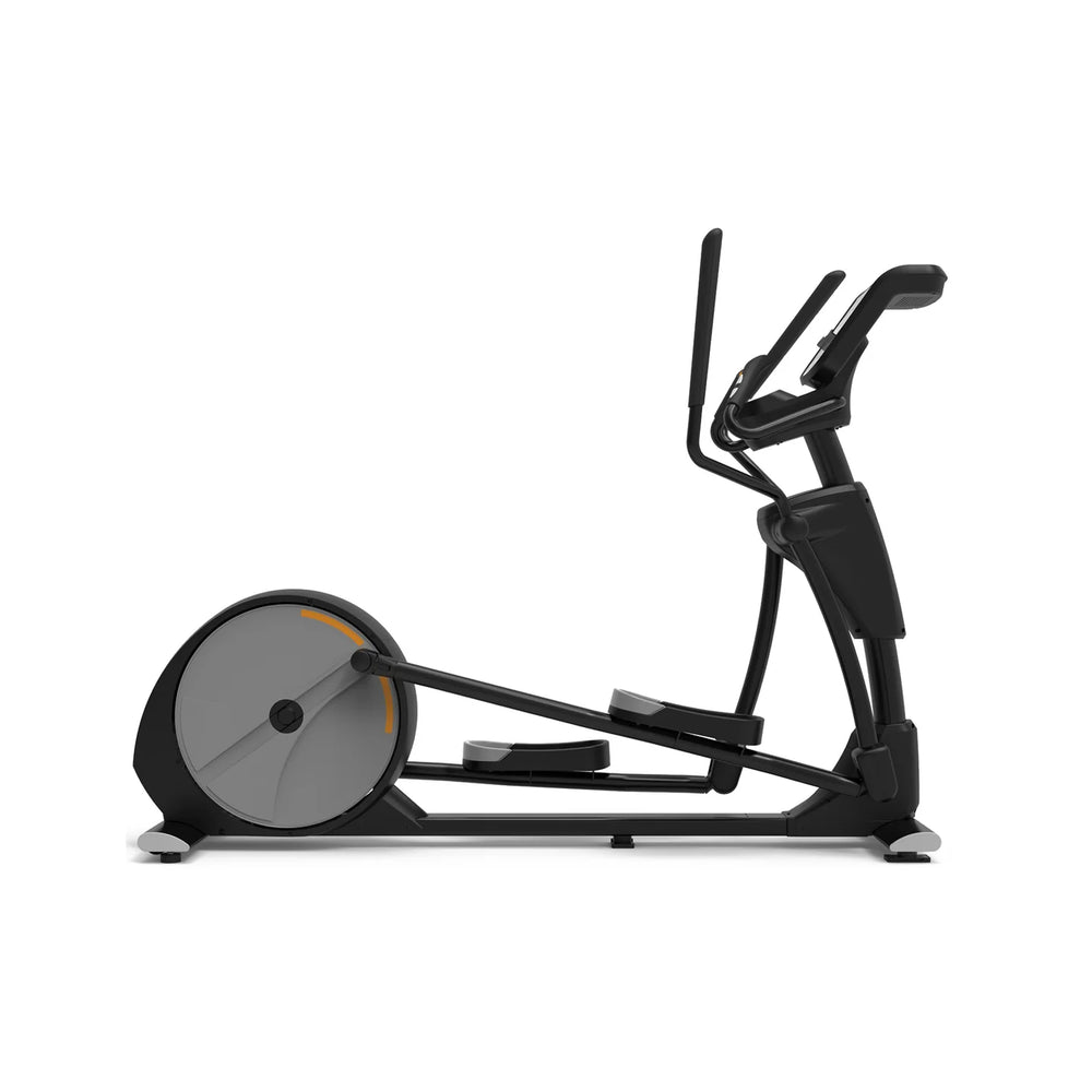 A black elliptical trainer with a gray flywheel and small orange accent ring, shown from a side profile on a solid white background.