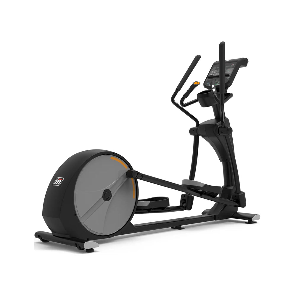 A black and gray elliptical trainer with an integrated digital display screen and adjustable handlebars, shown on a solid white background.