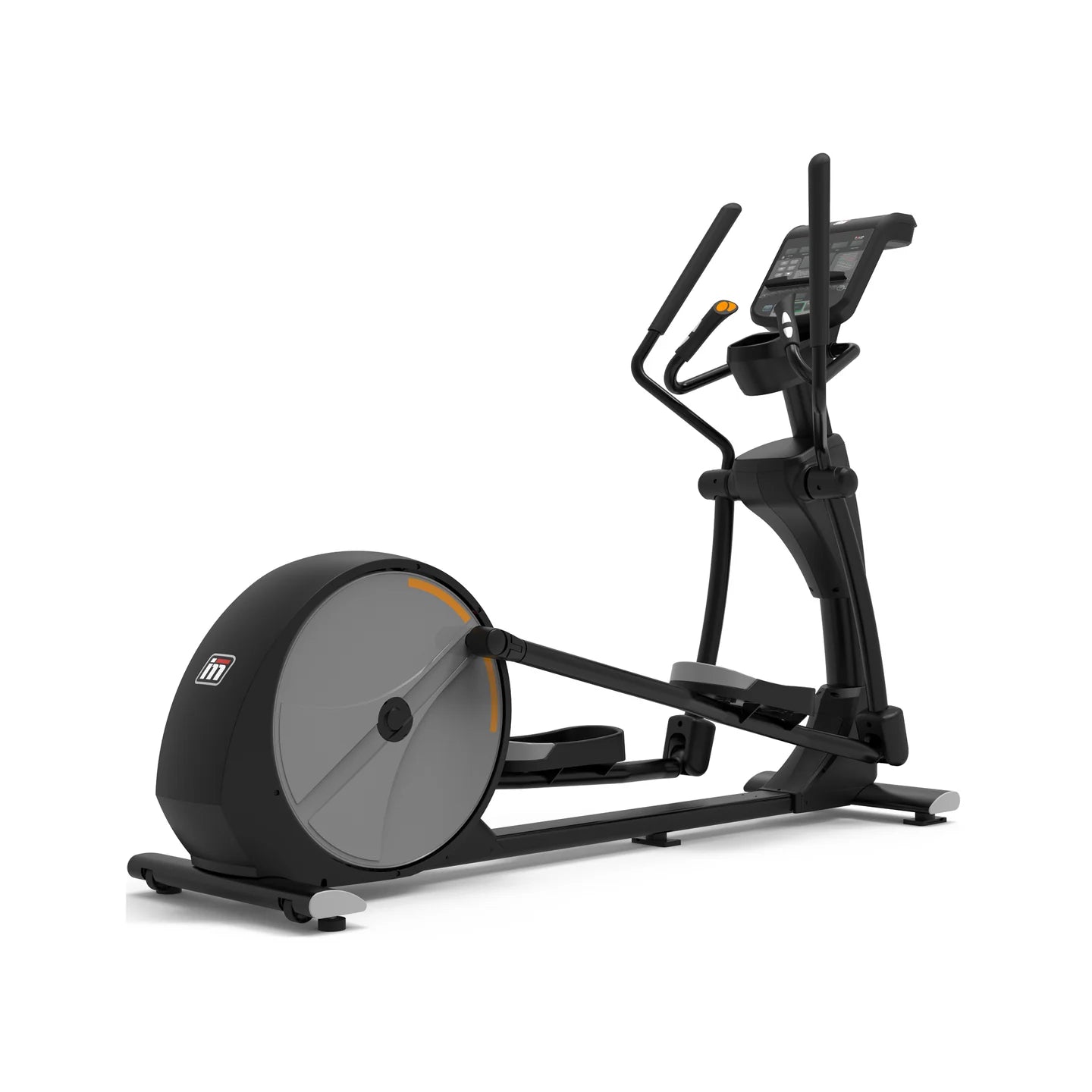 A black and gray elliptical trainer with an integrated digital display screen and adjustable handlebars, shown on a solid white background.