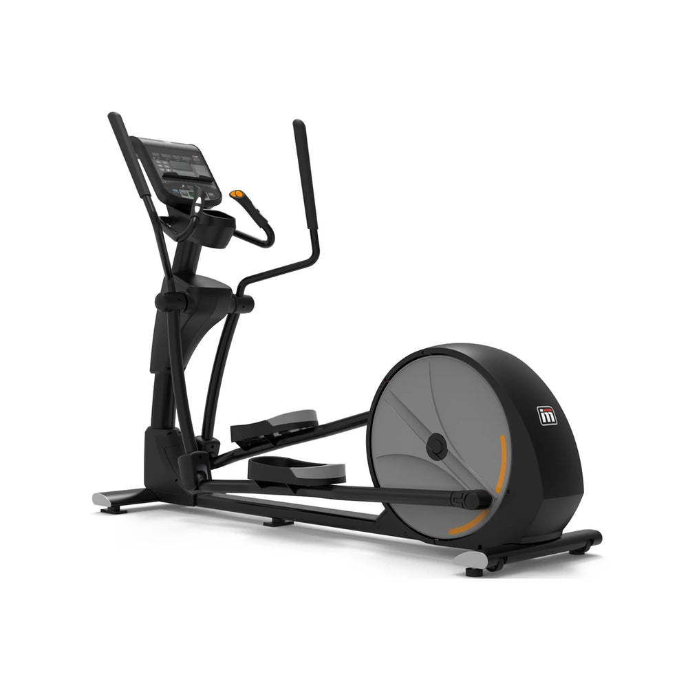 A black indoor elliptical trainer with an attached large circular flywheel, digital display screen, and adjustable handlebars, shown on a plain white background.