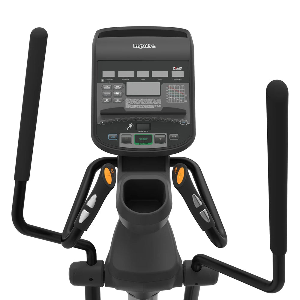 A close-up studio shot of a black elliptical trainer console and handlebar assembly against a plain white background.