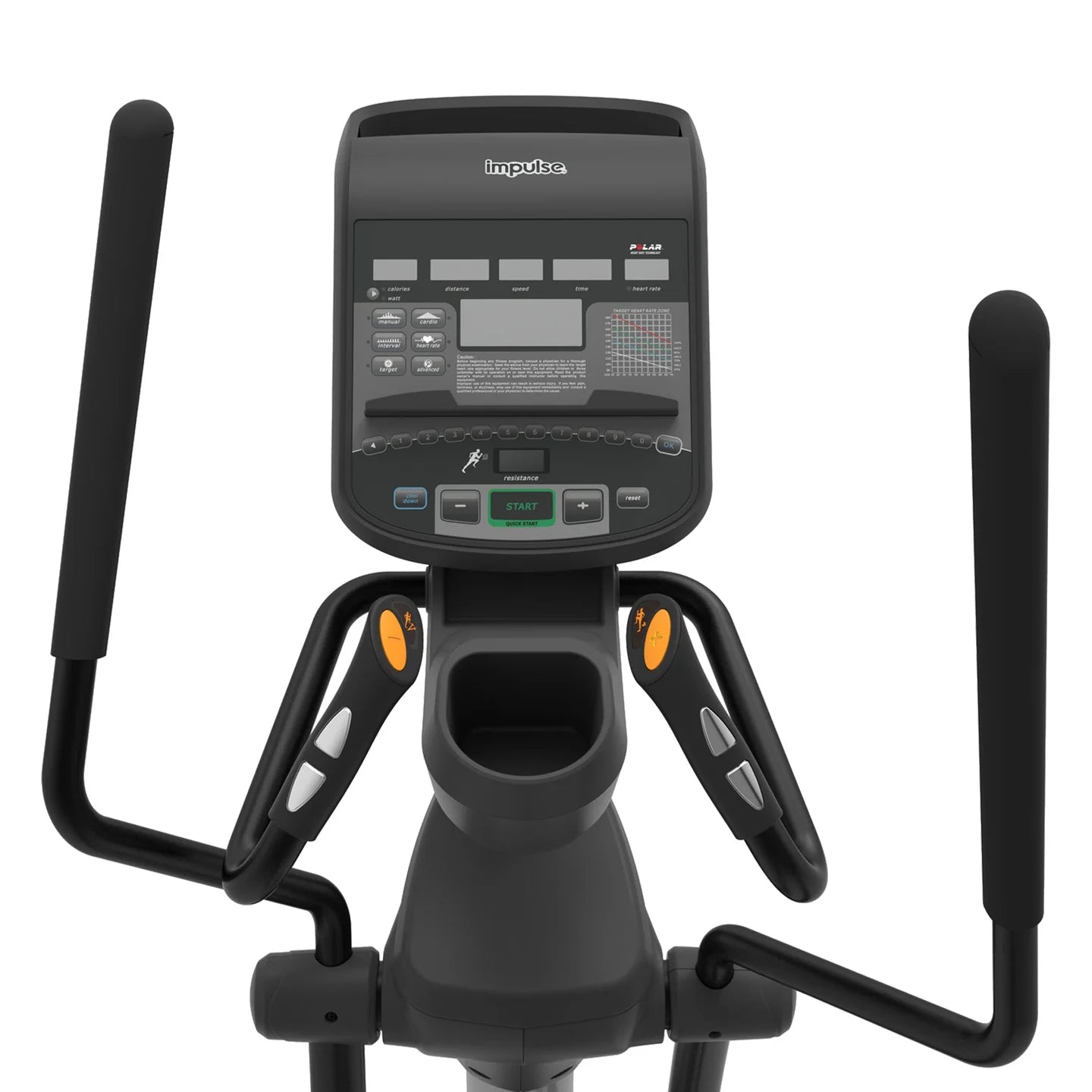 A close-up studio shot of a black elliptical trainer console and handlebar assembly against a plain white background.