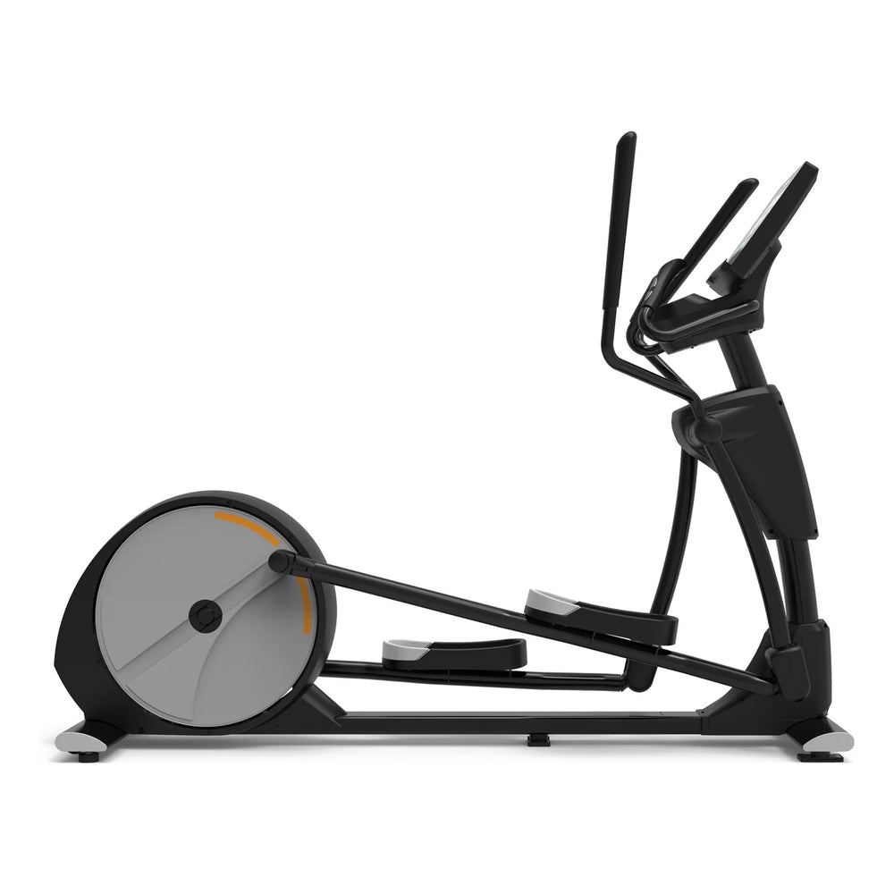 A side-profile view of a bOrigin Fitness Impulse RE970 Premium Touch Screen Elliptical with a large gray flywheel and small orange accent rings, set against a plain white background.