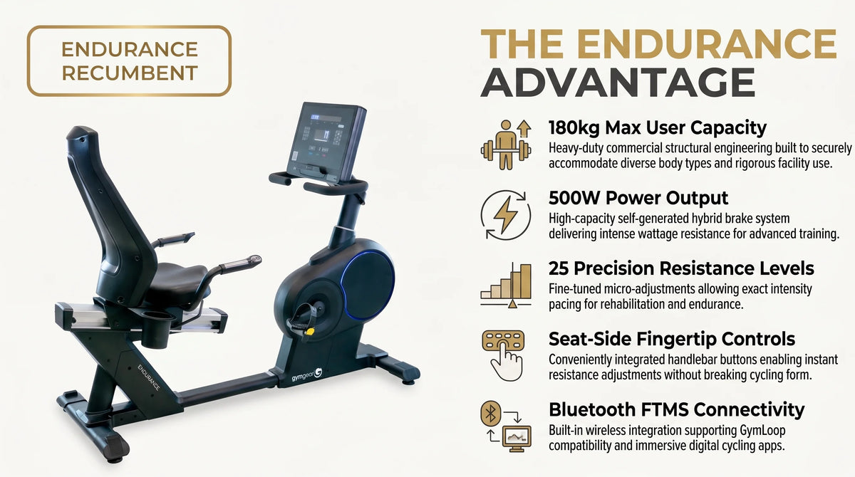 Gym Gear Endurance Commercial Recumbent Bike infographic