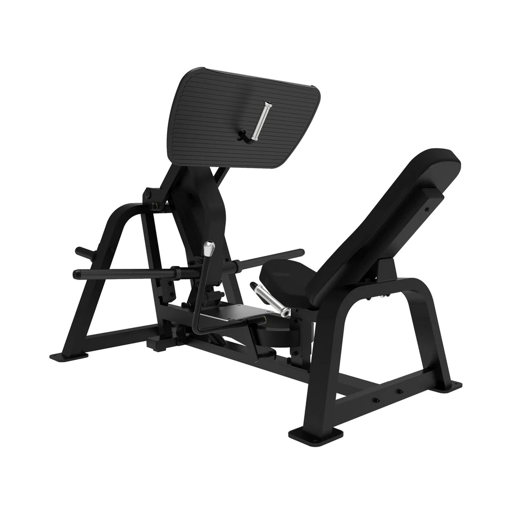 A black leg extension gym machine with an adjustable backrest and foot platform, shown from a three-quarter angle on a solid white background.