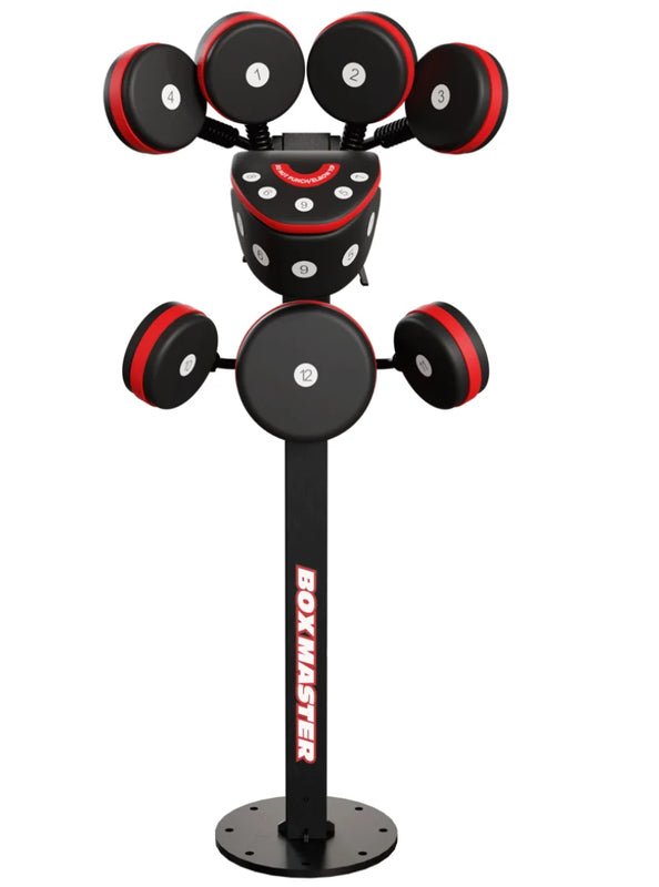 Box Master boxing training stand with multiple black and red round punching pads mounted on a black metal stand, shown against a plain white background.