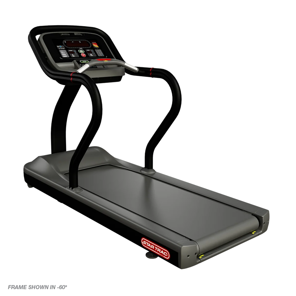 A treadmill shown from a 60-degree frame angle on a white background, featuring a dark gray running belt, black frame and handrails, and a digital display console.