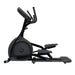 A black and dark gray elliptical trainer with an integrated display screen, shown from a side profile view against a solid white background.