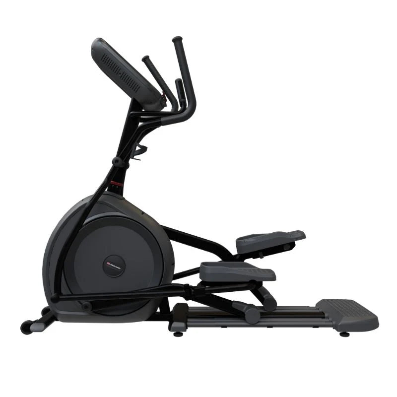 A black and dark gray elliptical trainer with an integrated display screen, shown from a side profile view against a solid white background.