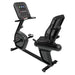 A black and dark gray recumbent exercise bike with an integrated digital display screen on a white background.