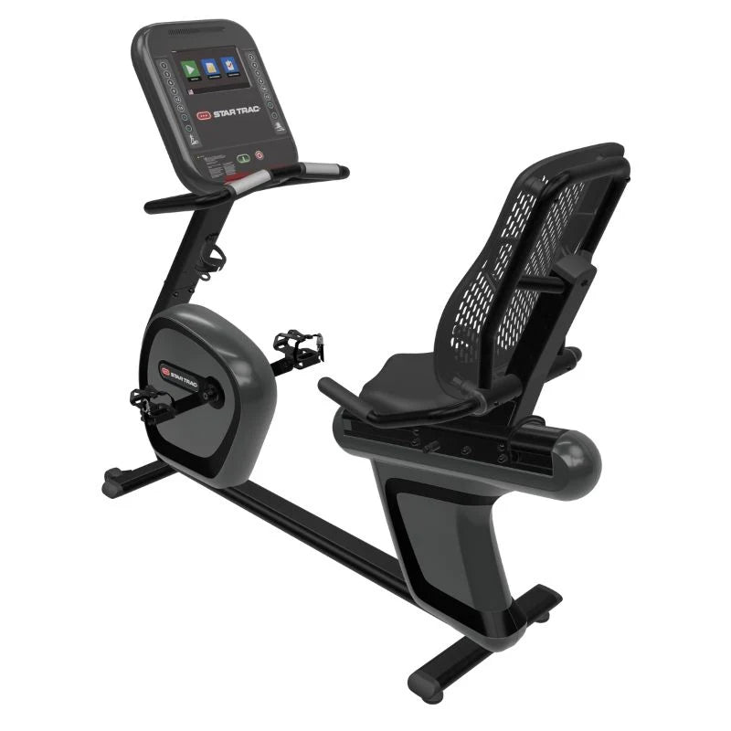 A black and dark gray recumbent exercise bike with an integrated digital display screen on a white background.
